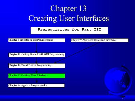 1 Chapter 13 Creating User Interfaces. 2 Objectives F To create graphical user interfaces with various user-interface components: JButton, JCheckBox,