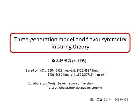 Three-generation model and flavor symmetry in string theory 桑木野 省吾 ( 益川塾 ) Collaborator : Florian Beye (Nagoya university) Tatsuo Kobayashi (Hokkaido university)