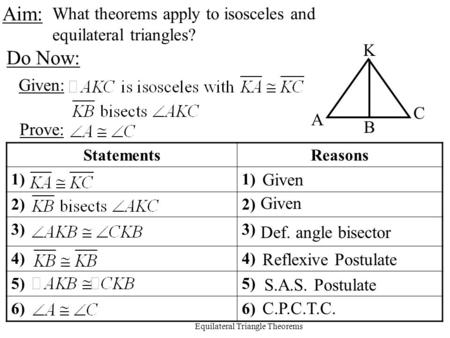 1Geometry Lesson: Isosceles and Equilateral Triangle Theorems Aim: What theorems apply to isosceles and equilateral triangles? Do Now: C A K B Given: Prove: