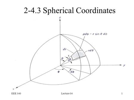 EEE 340Lecture 041 2-4.3 Spherical Coordinates. EEE 340Lecture 042 A vector in spherical coordinates The local base vectors from a right –handed system.
