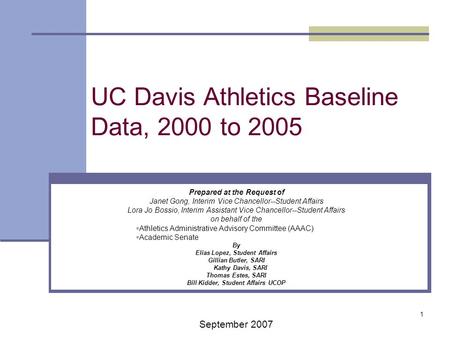 1 UC Davis Athletics Baseline Data, 2000 to 2005 Prepared at the Request of Janet Gong, Interim Vice Chancellor--Student Affairs Lora Jo Bossio, Interim.