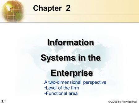 2.1 © 2006 by Prentice Hall 2 Chapter Information Systems in the Enterprise EnterpriseInformation Systems in the Enterprise Enterprise A two-dimensional.