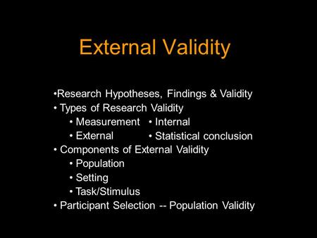 External Validity Research Hypotheses, Findings & Validity Types of Research Validity Measurement External Components of External Validity Population Setting.