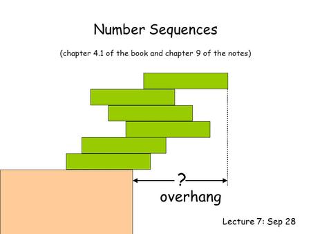 Number Sequences Lecture 7: Sep 28 (chapter 4.1 of the book and chapter 9 of the notes) ? overhang.