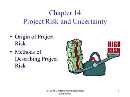 (c) 2001 Contemporary Engineering Economics 1 Chapter 14 Project Risk and Uncertainty Origin of Project Risk Methods of Describing Project Risk.