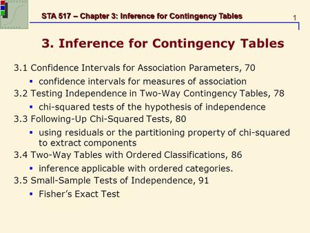 Header= Verdana 28 pt., Red 1 STA 517 – Chapter 3: Inference for Contingency Tables 3. Inference for Contingency Tables 3.1 Confidence Intervals for Association.