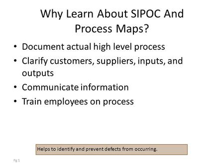 Pg 1 Why Learn About SIPOC And Process Maps? Document actual high level process Clarify customers, suppliers, inputs, and outputs Communicate information.