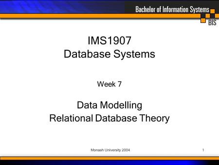 Monash University 20041 Week 7 Data Modelling Relational Database Theory IMS1907 Database Systems.