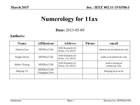 Doc.: IEEE 802.11-15/0358r3 Submission March 2015 Daewon Lee, NEWRACOM Numerology for 11ax Date: 2015-03-09 Authors: Slide 1.