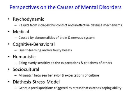 Perspectives on the Causes of Mental Disorders Psychodynamic – Results from intrapsychic conflict and ineffective defense mechanisms Medical – Caused by.