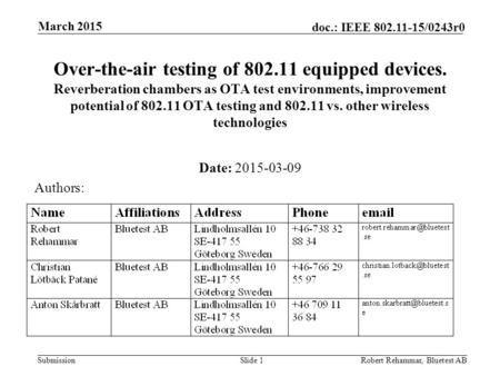 Submission doc.: IEEE 802.11-15/0243r0 March 2015 Robert Rehammar, Bluetest ABSlide 1 Over-the-air testing of 802.11 equipped devices. Reverberation chambers.