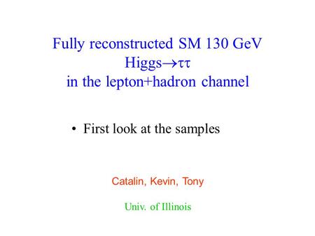 Fully reconstructed SM 130 GeV Higgs  in the lepton+hadron channel First look at the samples Catalin, Kevin, Tony Univ. of Illinois.