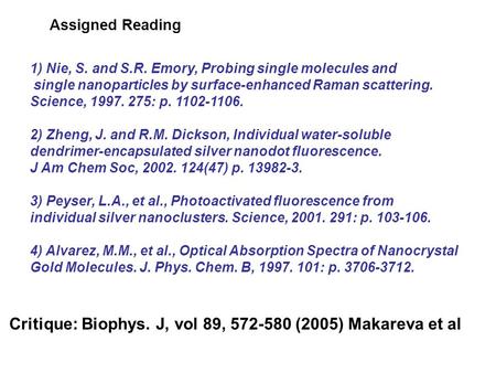 1) Nie, S. and S.R. Emory, Probing single molecules and single nanoparticles by surface-enhanced Raman scattering. Science, 1997. 275: p. 1102-1106. 2)