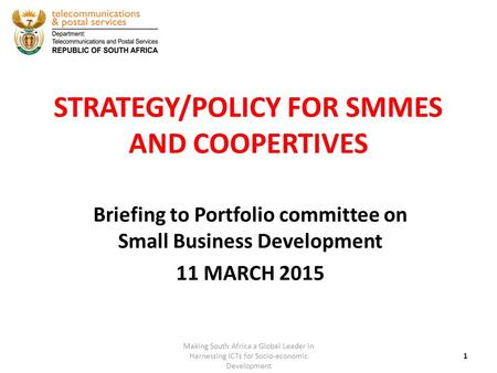 STRATEGY/POLICY FOR SMMES AND COOPERTIVES Briefing to Portfolio committee on Small Business Development 11 MARCH 2015 1 Making South Africa a Global Leader.