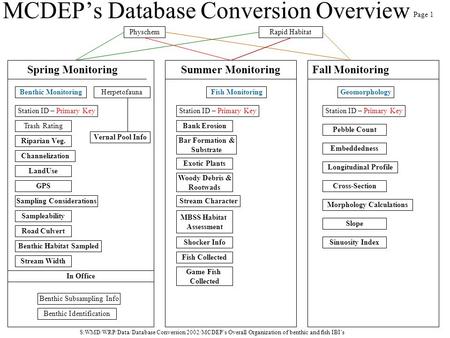 MCDEP’s Database Conversion Overview Benthic MonitoringFish Monitoring Rapid Habitat Geomorphology Physchem Herpetofauna Spring MonitoringSummer Monitoring.