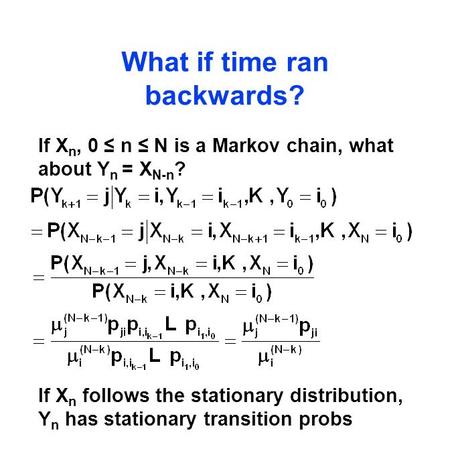 What if time ran backwards? If X n, 0 ≤ n ≤ N is a Markov chain, what about Y n = X N-n ? If X n follows the stationary distribution, Y n has stationary.