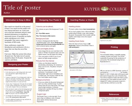Title of poster Author Information to Keep in Mind Designing your Poster Designing Your Poster II Inserting Photos or Charts Printing References How much.