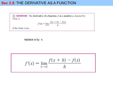 Sec 2.8: THE DERIVATIVE AS A FUNCTION replace a by x.