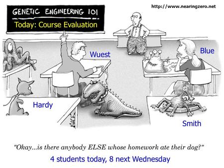Smith Blue Wuest Hardy 4 students today, 8 next Wednesday Today: Course Evaluation.