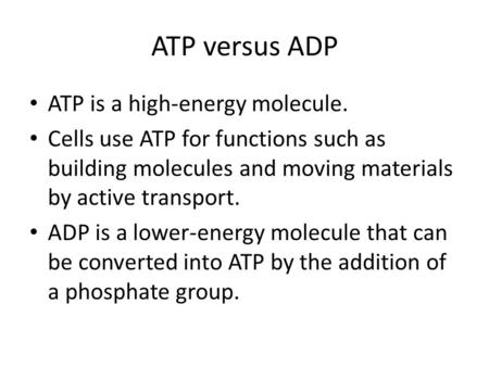 ATP versus ADP ATP is a high-energy molecule. Cells use ATP for functions such as building molecules and moving materials by active transport. ADP is a.