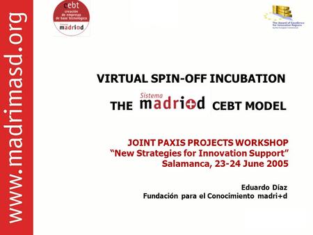VIRTUAL SPIN-OFF INCUBATION THE CEBT MODEL JOINT PAXIS PROJECTS WORKSHOP “New Strategies for Innovation Support” Salamanca, 23-24 June 2005 Eduardo Díaz.