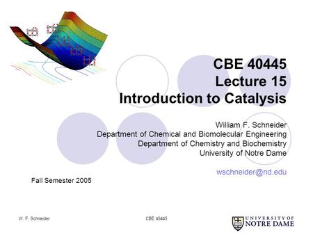 W. F. SchneiderCBE 40445 CBE 40445 Lecture 15 Introduction to Catalysis William F. Schneider Department of Chemical and Biomolecular Engineering Department.