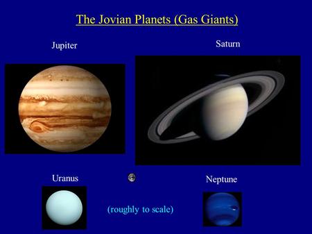 The Jovian Planets (Gas Giants) Jupiter Saturn Uranus Neptune (roughly to scale)