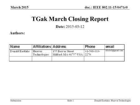 March 2015doc.: IEEE 802.11-15/0471r0 SubmissionDonald Eastlake, Huawei TechnologiesSlide 1 TGak March Closing Report Date: 2015-03-12 Authors:
