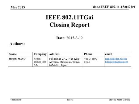 Doc.: IEEE 802.11-15/0472r1 Submission IEEE 802.11TGai Closing Report Date: 2015-3-12 Authors: NameCompanyAddressPhoneemail Hiroshi MANOKoden Techno Info.