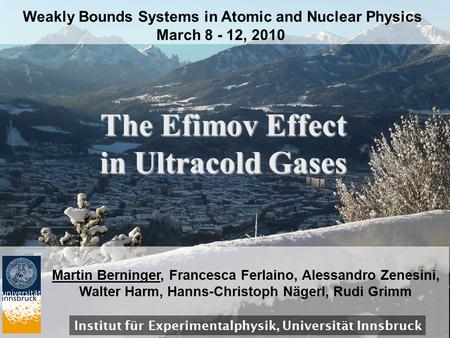 The Efimov Effect in Ultracold Gases Weakly Bounds Systems in Atomic and Nuclear Physics March 8 - 12, 2010 Institut für Experimentalphysik, Universität.