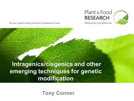 The New Zealand Institute for Plant & Food Research Limited Tony Conner Intragenics/cisgenics and other emerging techniques for genetic modification.