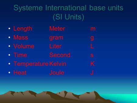 Systeme International base units (SI Units) LengthMeterm Massgramg VolumeLiterL TimeSeconds TemperatureKelvinK HeatJouleJ.