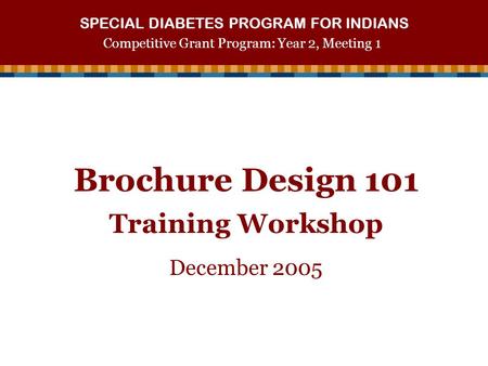Brochure Design 101 Training Workshop December 2005 SPECIAL DIABETES PROGRAM FOR INDIANS Competitive Grant Program: Year 2, Meeting 1.