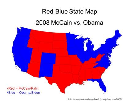 Red-Blue State Map 2008 McCain vs. Obama Red = McCain/Palin Blue = Obama/Biden