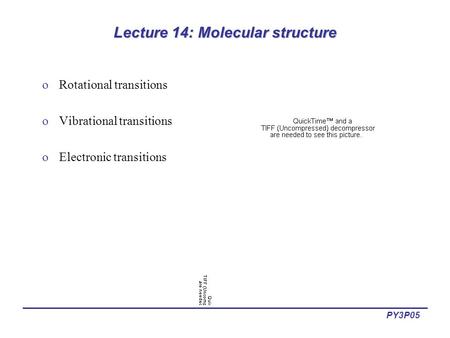 PY3P05 Lecture 14: Molecular structure oRotational transitions oVibrational transitions oElectronic transitions.