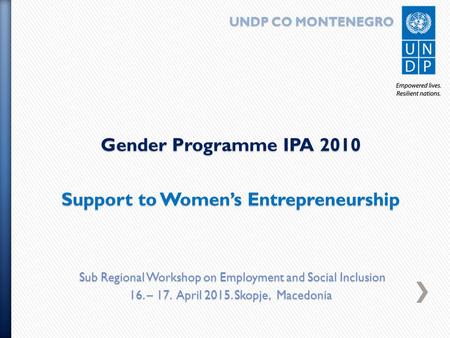 UNDP CO MONTENEGRO UNDP CO MONTENEGRO Gender Programme IPA 2010 Support to Women’s Entrepreneurship Sub Regional Workshop on Employment and Social Inclusion.
