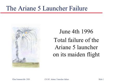 ©Ian Sommerville 2000CS 365 Ariane 5 launcher failureSlide 1 The Ariane 5 Launcher Failure June 4th 1996 Total failure of the Ariane 5 launcher on its.
