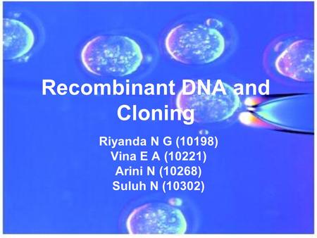Recombinant DNA and Cloning Riyanda N G (10198) Vina E A (10221) Arini N (10268) Suluh N (10302)