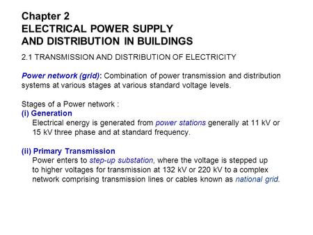 Chapter 2 ELECTRICAL POWER SUPPLY AND DISTRIBUTION IN BUILDINGS