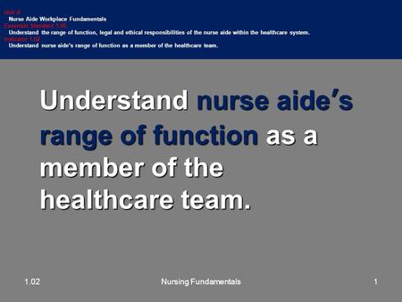 Unit A Nurse Aide Workplace Fundamentals Essential Standard 1.00