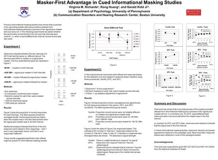 Masker-First Advantage in Cued Informational Masking Studies Virginia M. Richards a, Rong Huang a, and Gerald Kidd Jr b. (a) Department of Psychology,