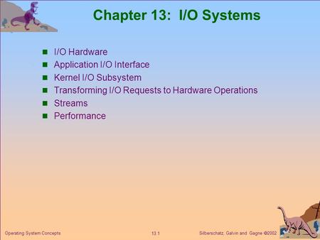Silberschatz, Galvin and Gagne  2002 13.1 Operating System Concepts Chapter 13: I/O Systems I/O Hardware Application I/O Interface Kernel I/O Subsystem.