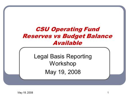 May 19, 20081 CSU Operating Fund Reserves vs Budget Balance Available Legal Basis Reporting Workshop May 19, 2008.