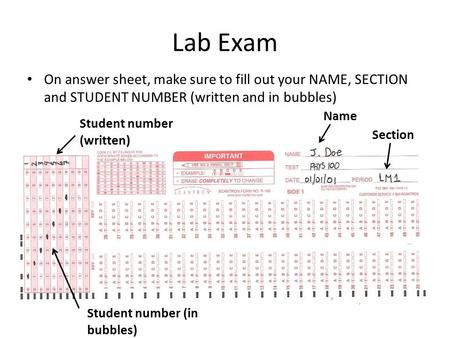 Lab Exam On answer sheet, make sure to fill out your NAME, SECTION and STUDENT NUMBER (written and in bubbles) Name Section Student number (written) Student.