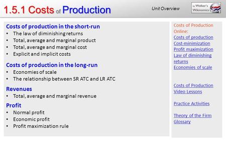 1.5.1 Costs of Production Costs of production in the short-run