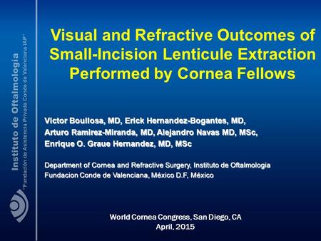 Visual and Refractive Outcomes of Small-Incision Lenticule Extraction Performed by Cornea Fellows Victor Boullosa, MD, Erick Hernandez-Bogantes, MD, Arturo.