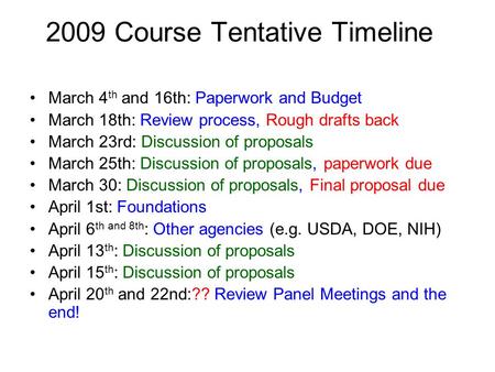 2009 Course Tentative Timeline March 4 th and 16th: Paperwork and Budget March 18th: Review process, Rough drafts back March 23rd: Discussion of proposals.