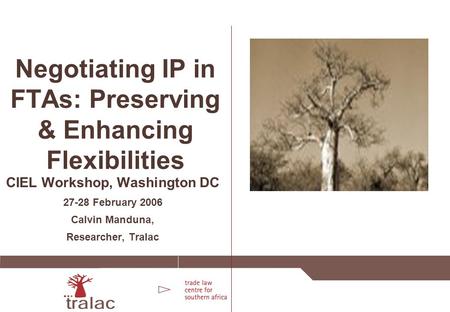 Negotiating IP in FTAs: Preserving & Enhancing Flexibilities CIEL Workshop, Washington DC 27-28 February 2006 Calvin Manduna, Researcher, Tralac.