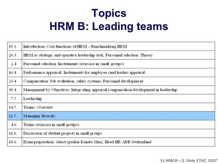 VL HRM B – G. Grote ETHZ, SS07 Topics HRM B: Leading teams.