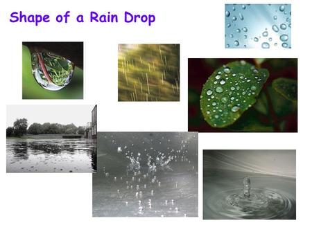 Shape of a Rain Drop. Formation of Rain The sun heats water and turns it into vapor Water condenses and falls back to the earth in form of rain. Water.